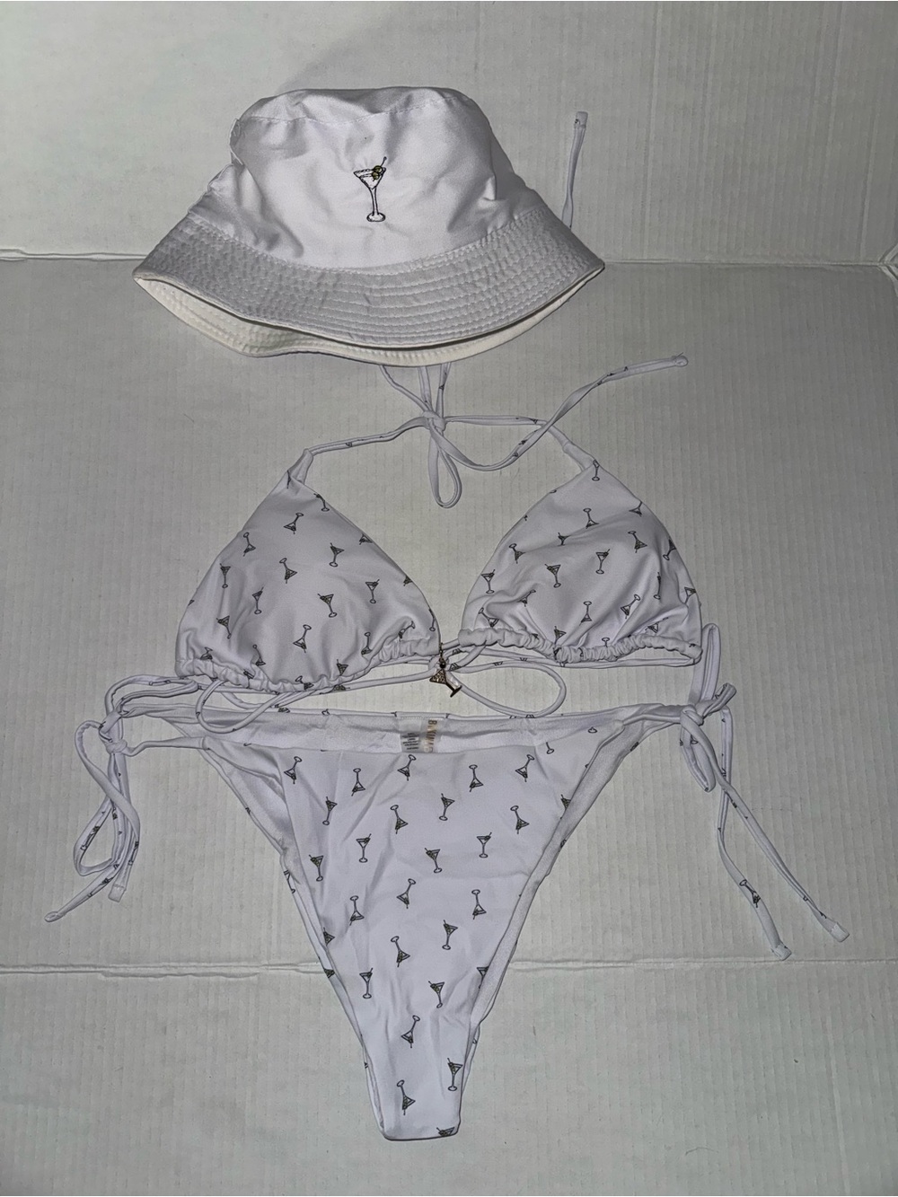 White Martini Print String Bikini Set with Bucket Hat